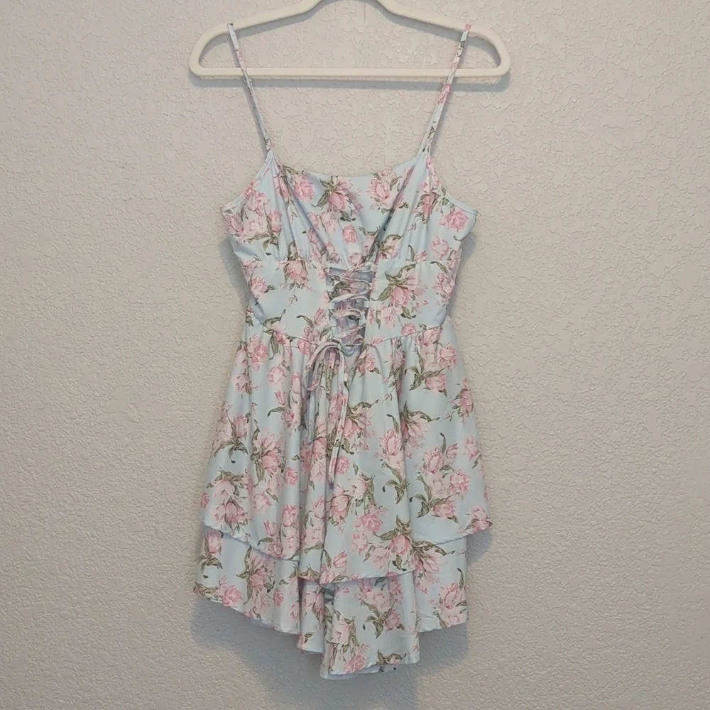 Shein MOD light blue pink ditsy floral lace up strapless mini dress - Picture 4 of 12